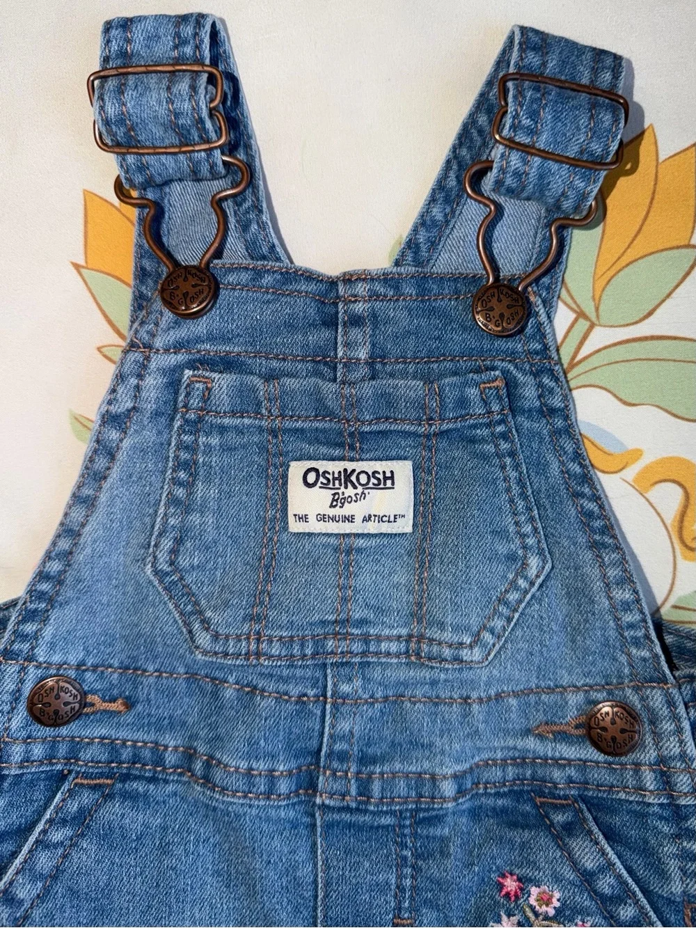Vintage Y2K OshKosh B'gosh Denim Shortalls Embroidered Flowers Vestbak Size 3M